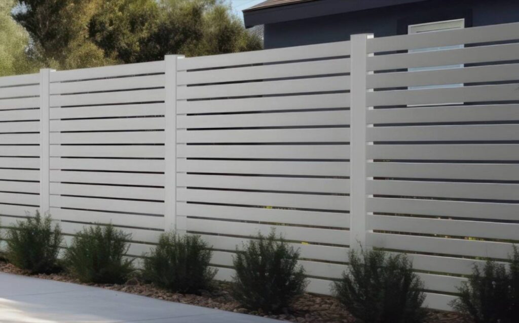 A modern gray slatted fence running along the side of a house with a swimming pool in the backyard.